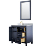 Daria 36 Inch Single Bathroom Vanity in Dark Blue, White Carrara Marble Countertop, Undermount Square Sink, 24 Inch Mirror