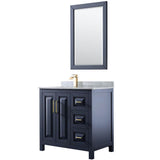 Wyndham Collection - Daria 36 Inch Single Bathroom Vanity in Dark Blue, White Carrara Marble Countertop, Undermount Square Sink, 24 Inch Mirror - Dark Blue