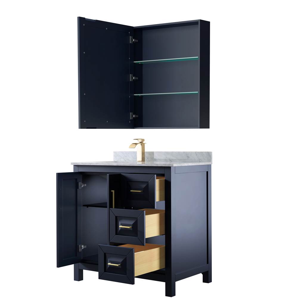 Daria 36 Inch Single Bathroom Vanity in Dark Blue, White Carrara Marble Countertop, Undermount Square Sink, Medicine Cabinet