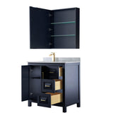 Daria 36 Inch Single Bathroom Vanity in Dark Blue, White Carrara Marble Countertop, Undermount Square Sink, Medicine Cabinet