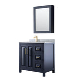 Wyndham Collection - Daria 36 Inch Single Bathroom Vanity in Dark Blue, White Carrara Marble Countertop, Undermount Square Sink, Medicine Cabinet - Dark Blue