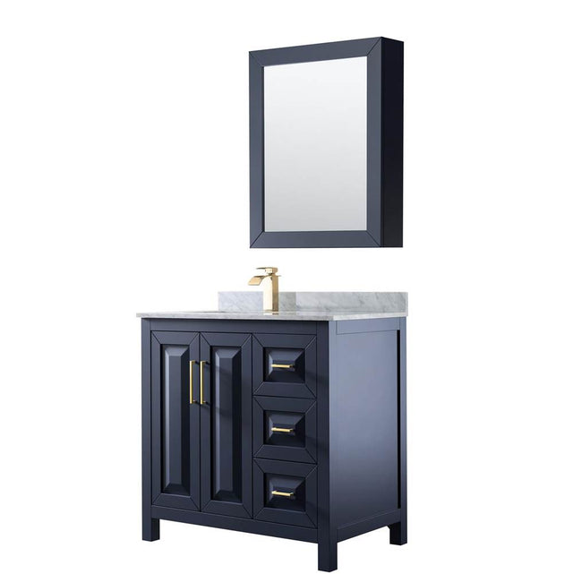 Wyndham Collection - Daria 36 Inch Single Bathroom Vanity in Dark Blue, White Carrara Marble Countertop, Undermount Square Sink, Medicine Cabinet - Dark Blue