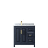 Daria 36 Inch Single Bathroom Vanity in Dark Blue, White Carrara Marble Countertop, Undermount Square Sink, No Mirror