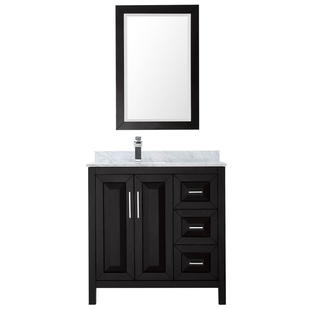 Daria 36 Inch Single Bathroom Vanity in Dark Blue, White Carrara Marble Countertop, Undermount Square Sink, 24 Inch Mirror