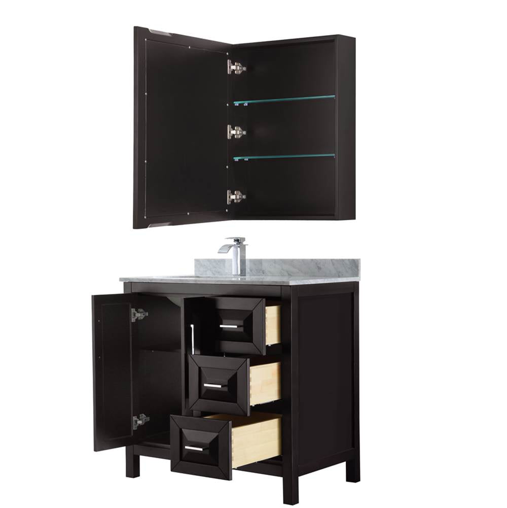 Daria 36 Inch Single Bathroom Vanity in Dark Blue, White Carrara Marble Countertop, Undermount Square Sink, Medicine Cabinet