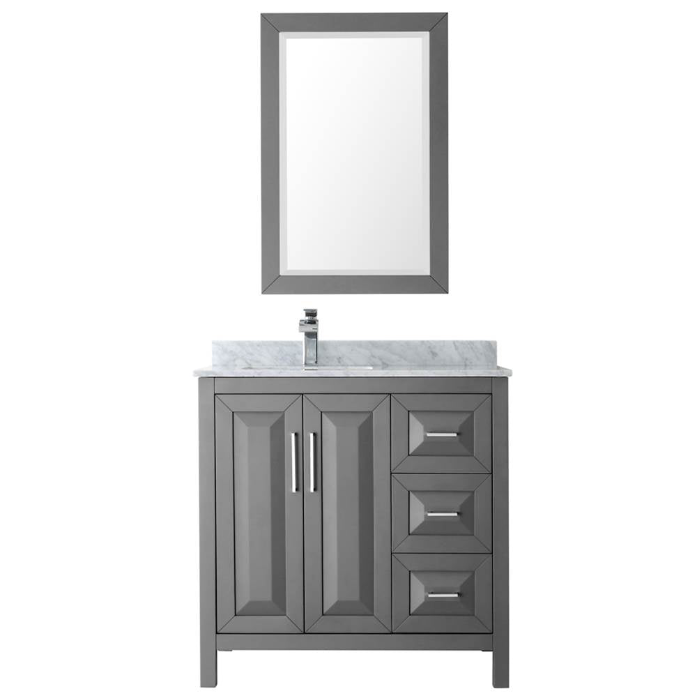 Daria 36 Inch Single Bathroom Vanity in Dark Blue, White Carrara Marble Countertop, Undermount Square Sink, 24 Inch Mirror