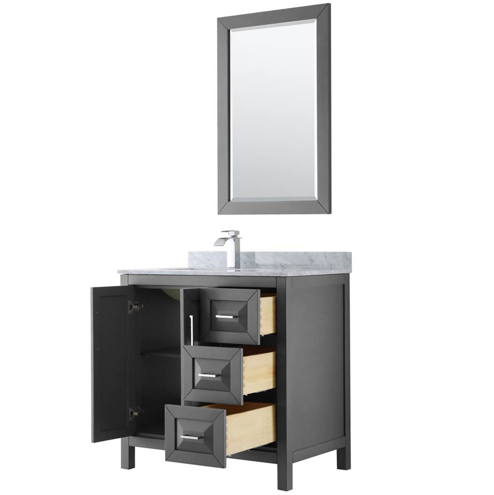 Daria 36 Inch Single Bathroom Vanity in Dark Blue, White Carrara Marble Countertop, Undermount Square Sink, 24 Inch Mirror