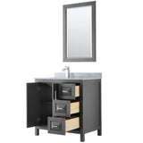 Daria 36 Inch Single Bathroom Vanity in Dark Blue, White Carrara Marble Countertop, Undermount Square Sink, 24 Inch Mirror