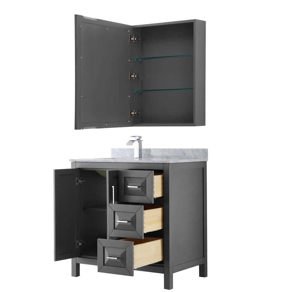 Daria 36 Inch Single Bathroom Vanity in Dark Blue, White Carrara Marble Countertop, Undermount Square Sink, Medicine Cabinet