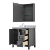 Daria 36 Inch Single Bathroom Vanity in Dark Blue, White Carrara Marble Countertop, Undermount Square Sink, Medicine Cabinet