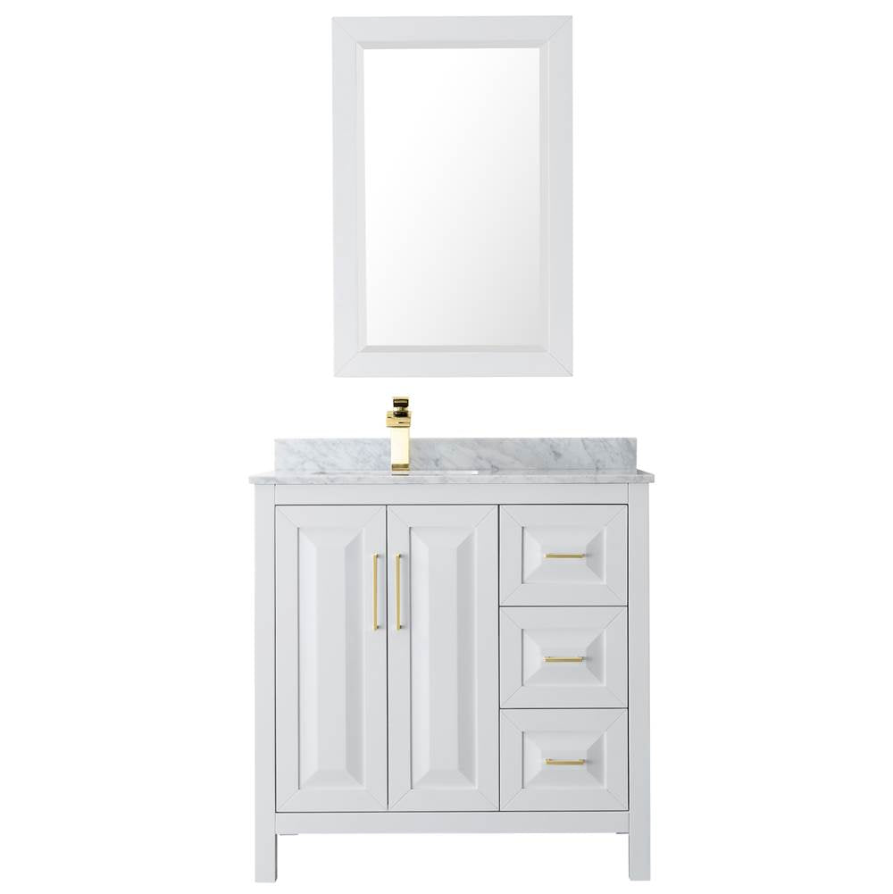 Daria 36 Inch Single Bathroom Vanity in White, White Carrara Marble Countertop, Undermount Square Sink, 24 Inch Mirror, Brushed Gold Trim