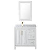 Daria 36 Inch Single Bathroom Vanity in White, White Carrara Marble Countertop, Undermount Square Sink, 24 Inch Mirror, Brushed Gold Trim