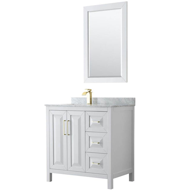 Wyndham Collection - Daria 36 Inch Single Bathroom Vanity in White, White Carrara Marble Countertop, Undermount Square Sink, 24 Inch Mirror, Brushed Gold Trim