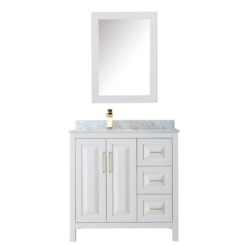 Daria 36 Inch Single Bathroom Vanity in White, White Carrara Marble Countertop, Undermount Square Sink, Medicine Cabinet, Brushed Gold Trim