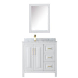 Daria 36 Inch Single Bathroom Vanity in White, White Carrara Marble Countertop, Undermount Square Sink, Medicine Cabinet, Brushed Gold Trim