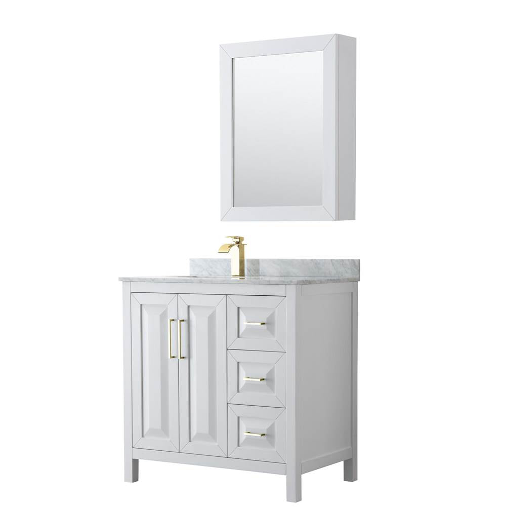 Wyndham Collection - Daria 36 Inch Single Bathroom Vanity in White, White Carrara Marble Countertop, Undermount Square Sink, Medicine Cabinet, Brushed Gold Trim