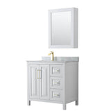 Wyndham Collection - Daria 36 Inch Single Bathroom Vanity in White, White Carrara Marble Countertop, Undermount Square Sink, Medicine Cabinet, Brushed Gold Trim