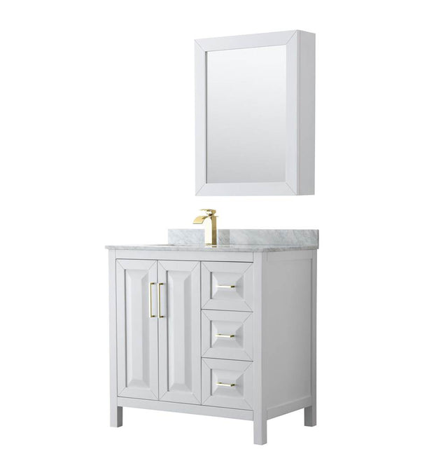 Wyndham Collection - Daria 36 Inch Single Bathroom Vanity in White, White Carrara Marble Countertop, Undermount Square Sink, Medicine Cabinet, Brushed Gold Trim