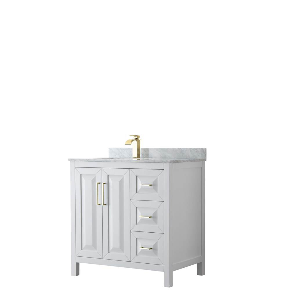 Wyndham Collection - Daria 36 Inch Single Bathroom Vanity in White, White Carrara Marble Countertop, Undermount Square Sink, Brushed Gold Trim