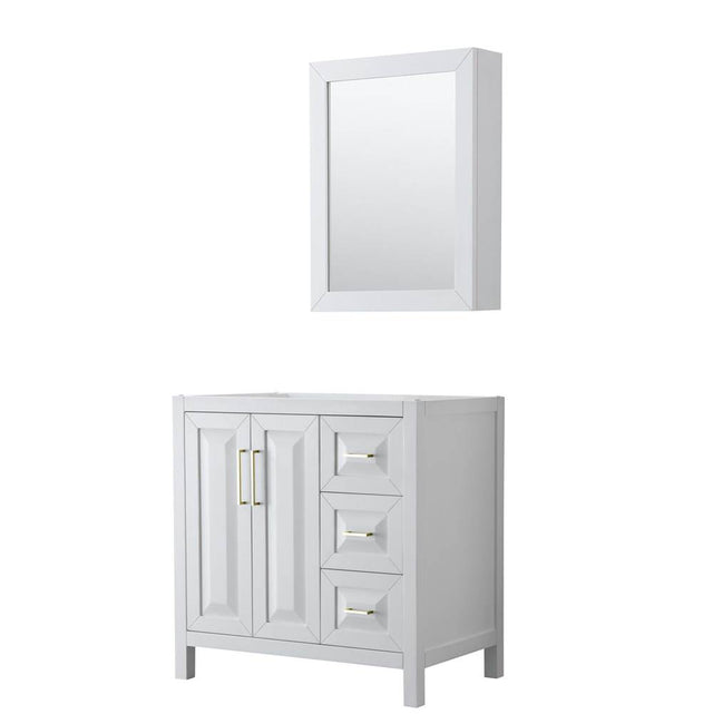 Wyndham Collection - Daria 36 Inch Single Bathroom Vanity in White, No Countertop, No Sink, Medicine Cabinet, Brushed Gold Trim