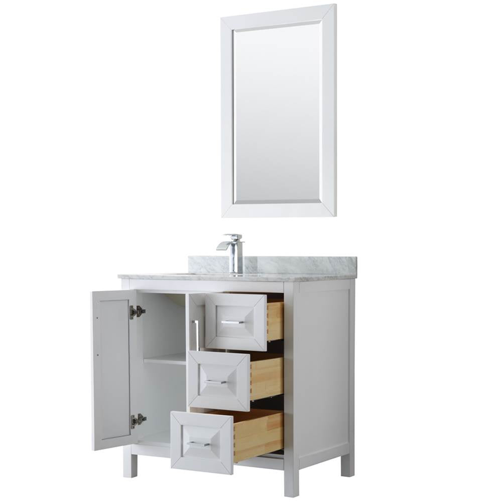 Daria 36 Inch Single Bathroom Vanity in Dark Blue, White Carrara Marble Countertop, Undermount Square Sink, 24 Inch Mirror