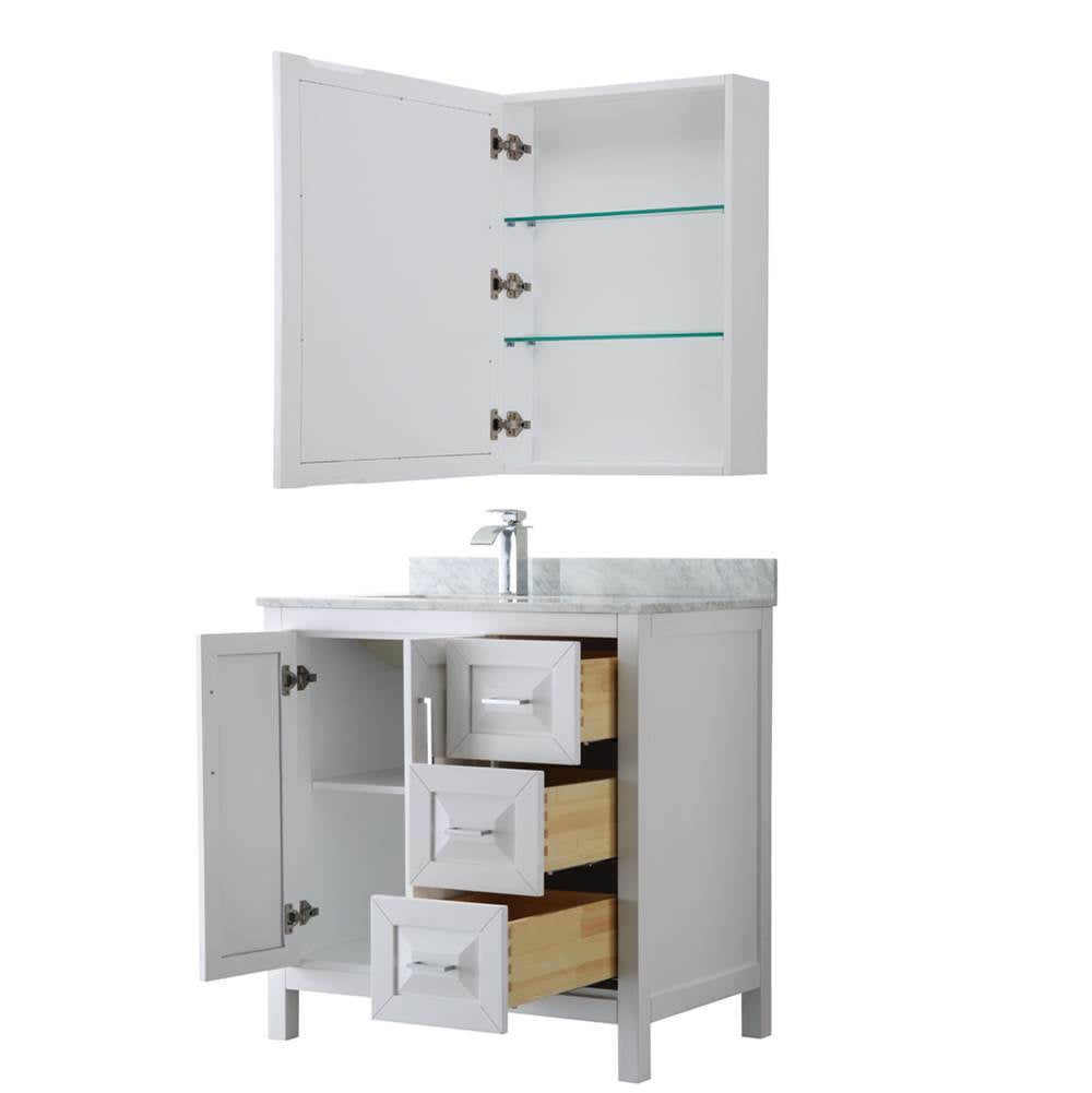 Daria 36 Inch Single Bathroom Vanity in Dark Blue, White Carrara Marble Countertop, Undermount Square Sink, Medicine Cabinet