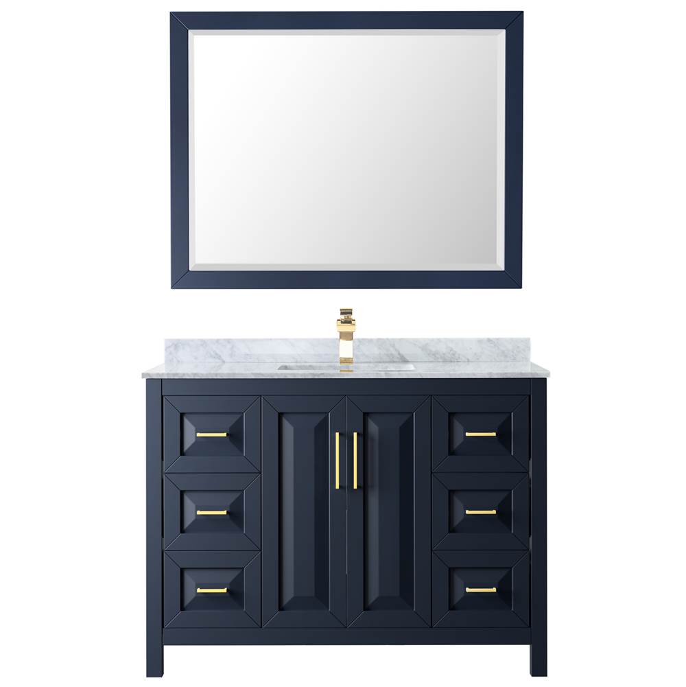 Daria 48 Inch Single Bathroom Vanity in Dark Blue, White Carrara Marble Countertop, Undermount Square Sink, 46 Inch Mirror