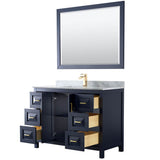 Daria 48 Inch Single Bathroom Vanity in Dark Blue, White Carrara Marble Countertop, Undermount Square Sink, 46 Inch Mirror