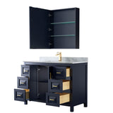Daria 48 Inch Single Bathroom Vanity in Dark Blue, White Carrara Marble Countertop, Undermount Square Sink, Medicine Cabinet