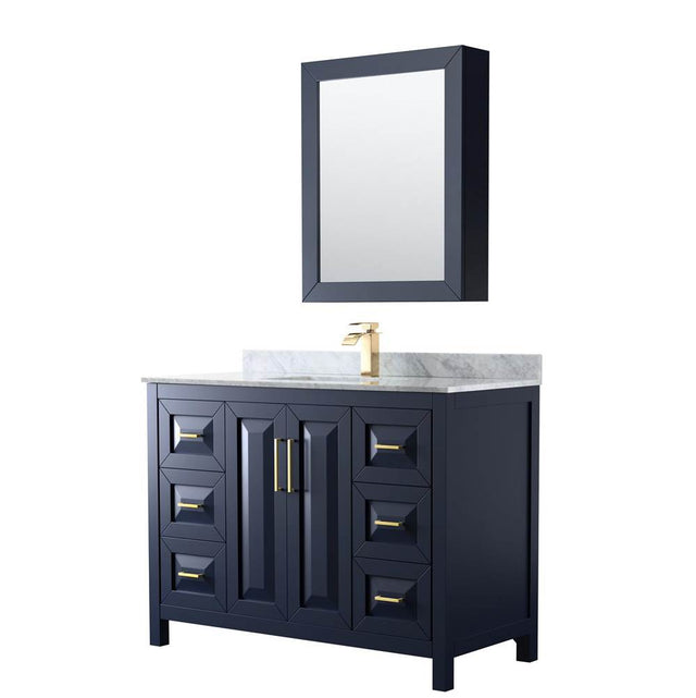 Wyndham Collection - Daria 48 Inch Single Bathroom Vanity in Dark Blue, White Carrara Marble Countertop, Undermount Square Sink, Medicine Cabinet - Dark Blue