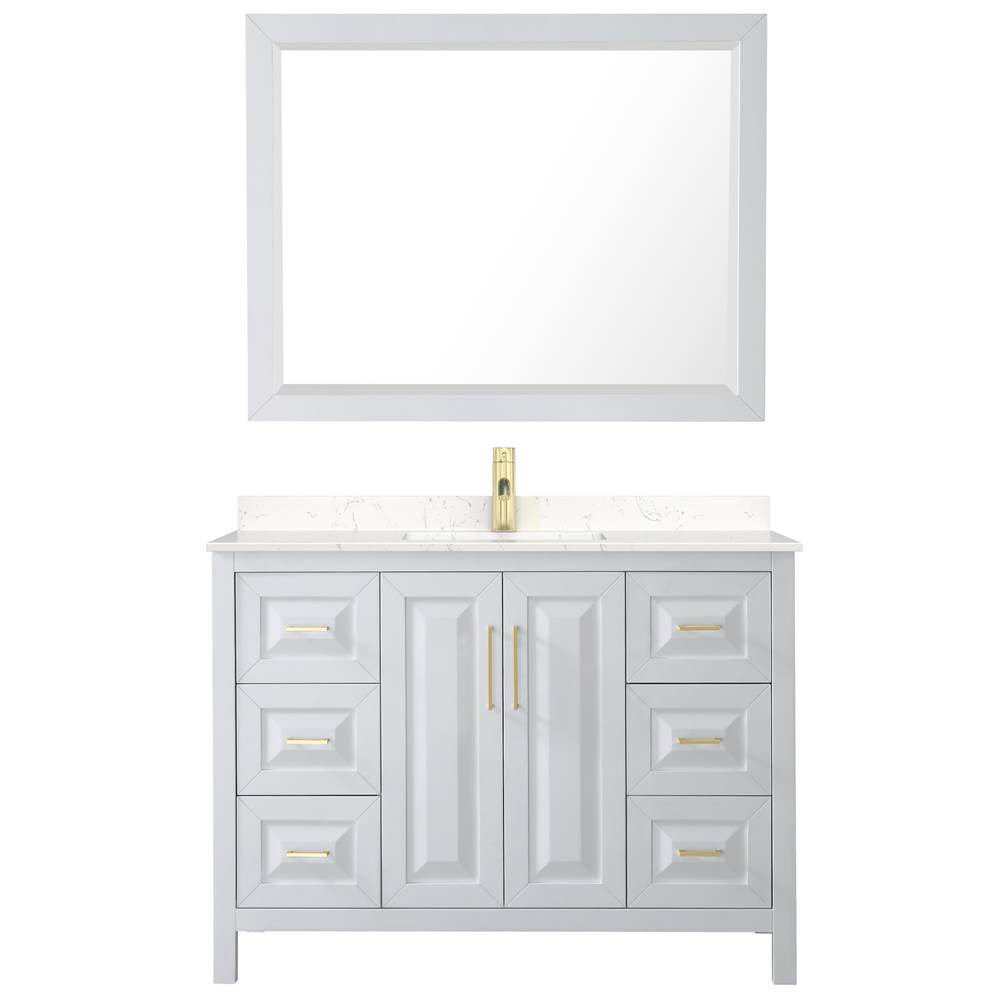 Daria 48 Inch Single Bathroom Vanity in White, Carrara Cultured Marble Countertop, Undermount Square Sink, 46 Inch Mirror, Brushed Gold Trim