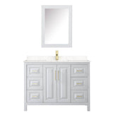 Daria 48 Inch Single Bathroom Vanity in White, Carrara Cultured Marble Countertop, Undermount Square Sink, Medicine Cabinet, Brushed Gold Trim