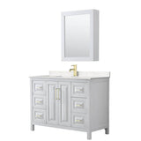 Wyndham Collection - Daria 48 Inch Single Bathroom Vanity in White, Carrara Cultured Marble Countertop, Undermount Square Sink, Medicine Cabinet, Brushed Gold Trim