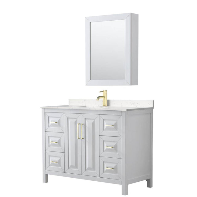 Wyndham Collection - Daria 48 Inch Single Bathroom Vanity in White, Carrara Cultured Marble Countertop, Undermount Square Sink, Medicine Cabinet, Brushed Gold Trim
