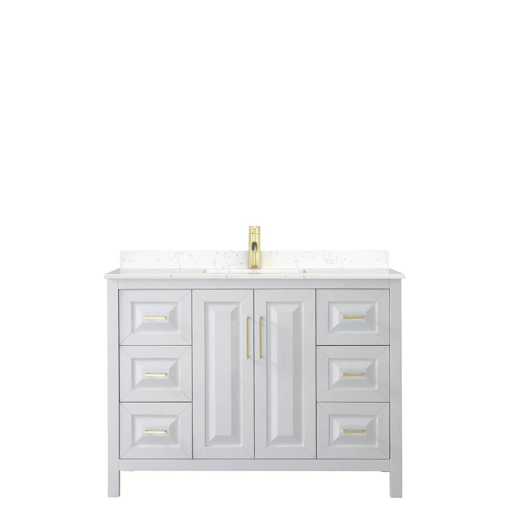 Daria 48 Inch Single Bathroom Vanity in White, Carrara Cultured Marble Countertop, Undermount Square Sink, Brushed Gold Trim