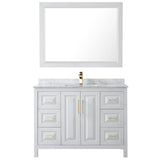 Daria 48 Inch Single Bathroom Vanity in White, White Carrara Marble Countertop, Undermount Square Sink, 46 Inch Mirror, Brushed Gold Trim