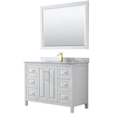 Wyndham Collection - Daria 48 Inch Single Bathroom Vanity in White, White Carrara Marble Countertop, Undermount Square Sink, 46 Inch Mirror, Brushed Gold Trim