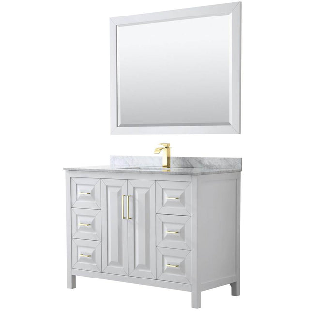 Wyndham Collection - Daria 48 Inch Single Bathroom Vanity in White, White Carrara Marble Countertop, Undermount Square Sink, 46 Inch Mirror, Brushed Gold Trim