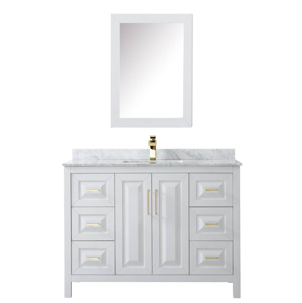 Daria 48 Inch Single Bathroom Vanity in White, White Carrara Marble Countertop, Undermount Square Sink, Medicine Cabinet, Brushed Gold Trim