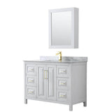 Wyndham Collection - Daria 48 Inch Single Bathroom Vanity in White, White Carrara Marble Countertop, Undermount Square Sink, Medicine Cabinet, Brushed Gold Trim