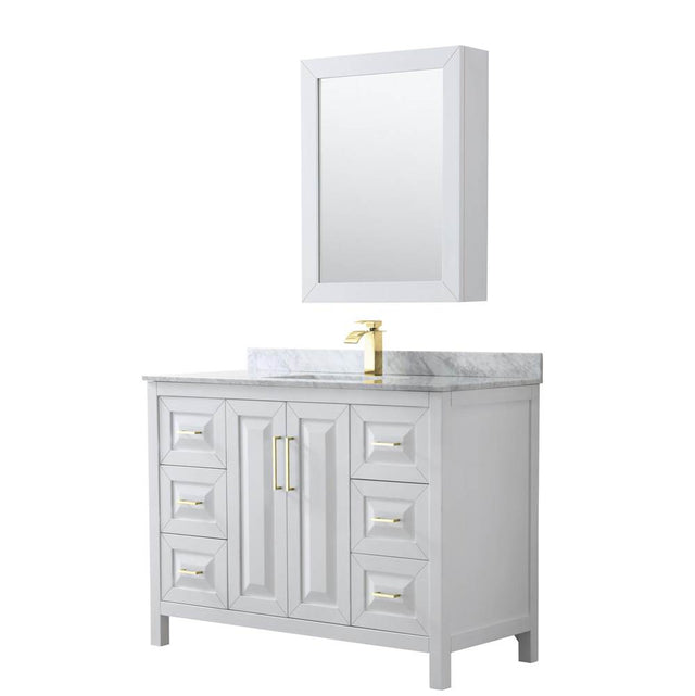 Wyndham Collection - Daria 48 Inch Single Bathroom Vanity in White, White Carrara Marble Countertop, Undermount Square Sink, Medicine Cabinet, Brushed Gold Trim