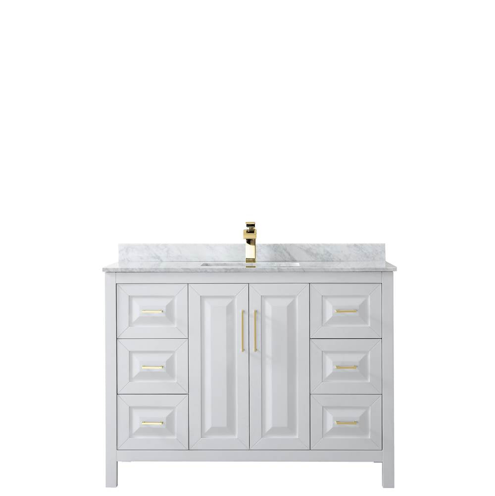 Daria 48 Inch Single Bathroom Vanity in White, White Carrara Marble Countertop, Undermount Square Sink, Brushed Gold Trim