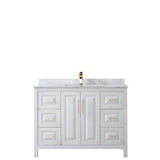 Daria 48 Inch Single Bathroom Vanity in White, White Carrara Marble Countertop, Undermount Square Sink, Brushed Gold Trim