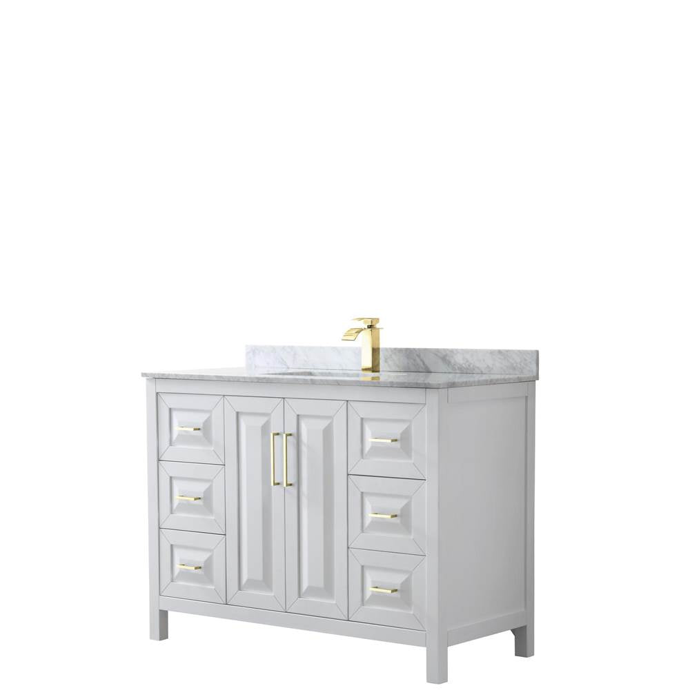 Wyndham Collection - Daria 48 Inch Single Bathroom Vanity in White, White Carrara Marble Countertop, Undermount Square Sink, Brushed Gold Trim