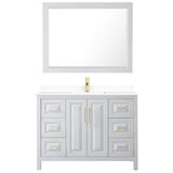 Daria 48 Inch Single Bathroom Vanity in White, White Cultured Marble Countertop, Undermount Square Sink, 46 Inch Mirror, Brushed Gold Trim