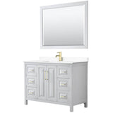 Wyndham Collection - Daria 48 Inch Single Bathroom Vanity in White, White Cultured Marble Countertop, Undermount Square Sink, 46 Inch Mirror, Brushed Gold Trim