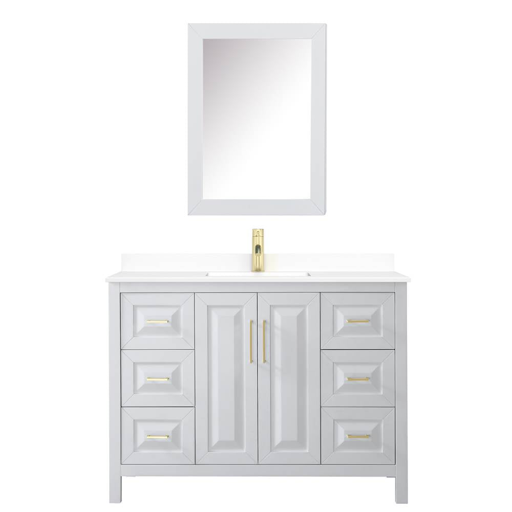 Daria 48 Inch Single Bathroom Vanity in White, White Cultured Marble Countertop, Undermount Square Sink, Medicine Cabinet, Brushed Gold Trim