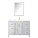 Daria 48 Inch Single Bathroom Vanity in White, White Cultured Marble Countertop, Undermount Square Sink, Medicine Cabinet, Brushed Gold Trim