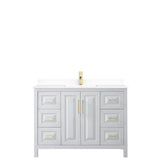 Daria 48 Inch Single Bathroom Vanity in White, White Cultured Marble Countertop, Undermount Square Sink, Brushed Gold Trim