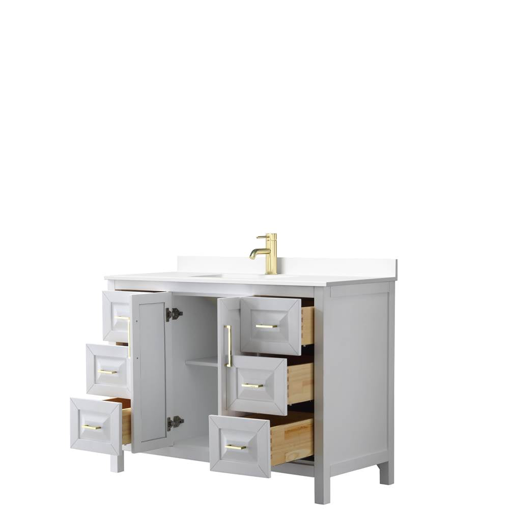 Daria 48 Inch Single Bathroom Vanity in White, White Cultured Marble Countertop, Undermount Square Sink, Brushed Gold Trim